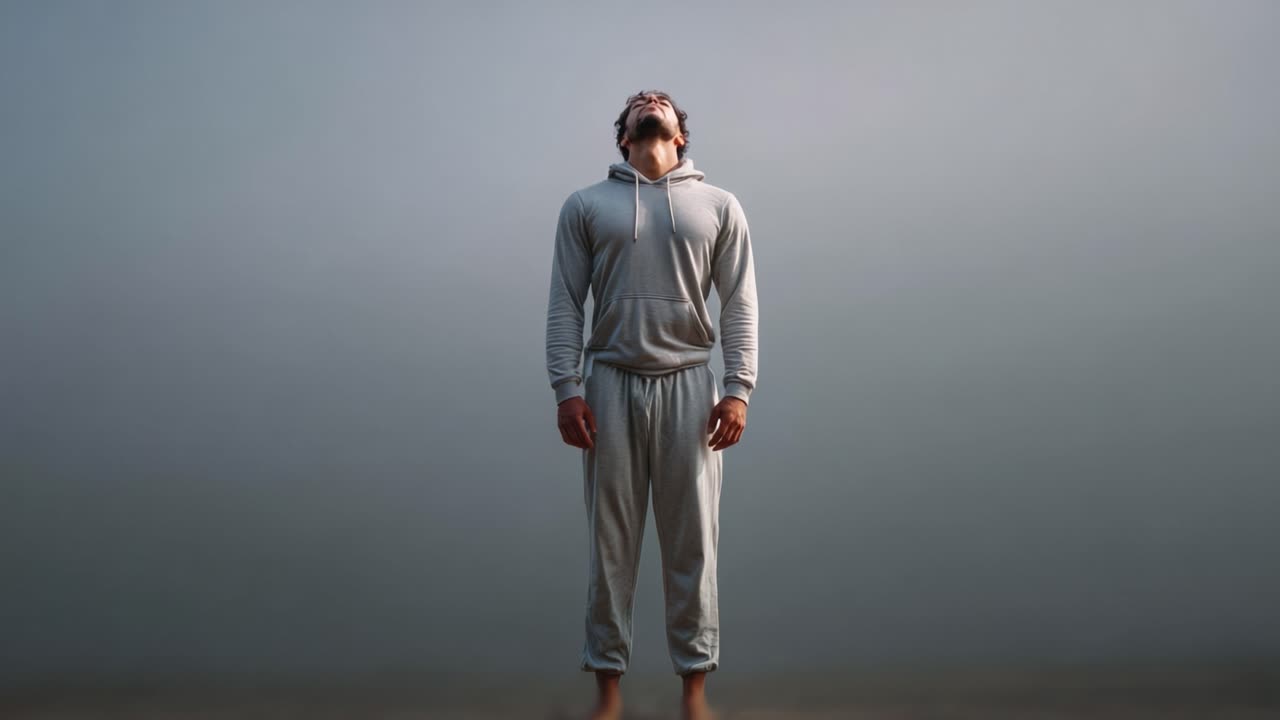 Una figura solitaria in piedi in un ambiente nebbioso, che emana tranquillità e introspezione, splendidamente catturata con toni di grigio a contrasto e illuminazione soffusa