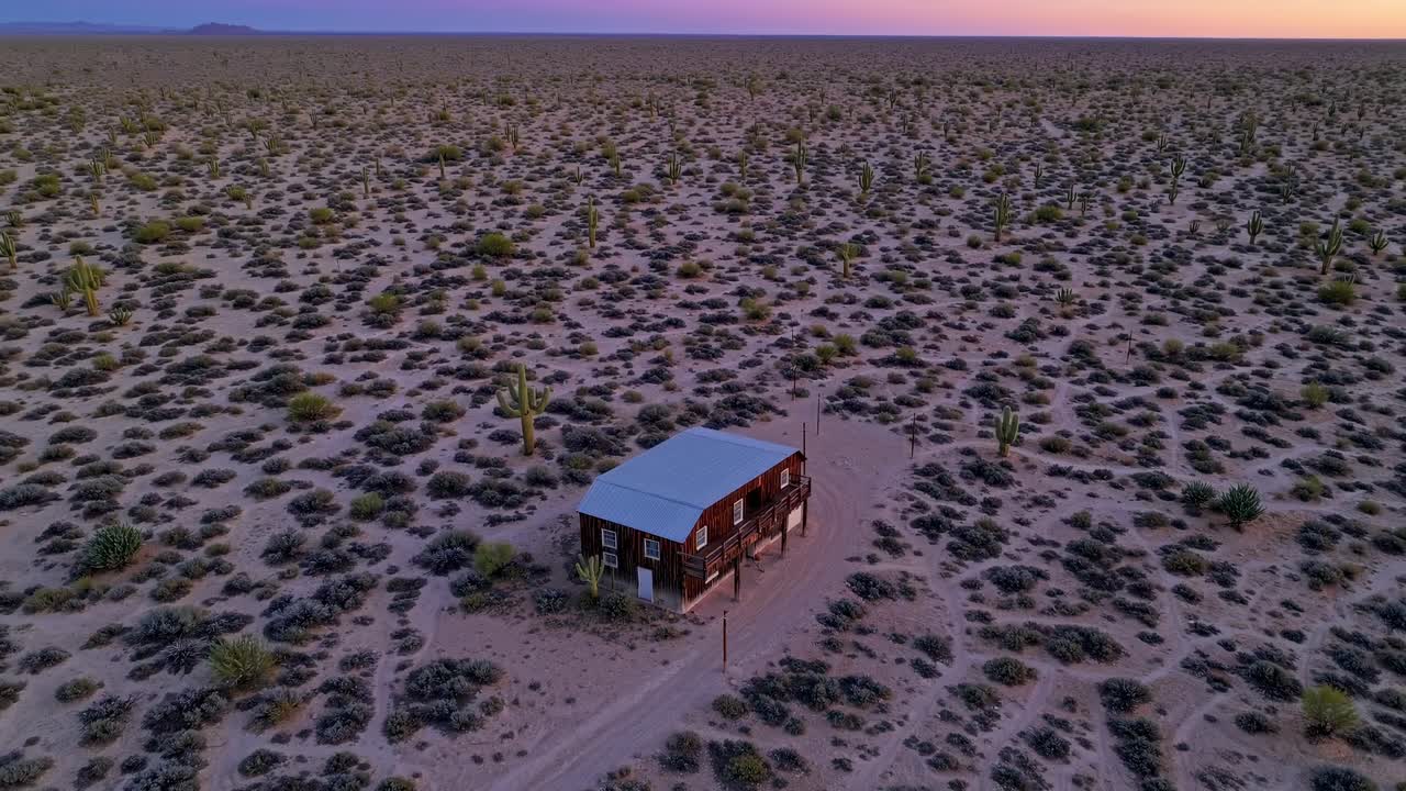 Aerial view of a remote house in the Arizona desert surrounded by cacti and shrubs, bathed in the warm glow of the setting sun, creating a serene and captivating scene
