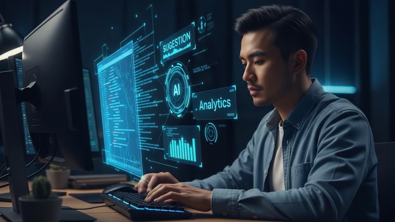 Focused Data Analyst Engaged in Real-Time AI Analytics, Leveraging Advanced Technology to Drive Insightful Decision-Making in a Modern Workspace Environment