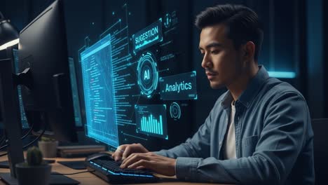 focused data analyst engaged in real-time ai analytics, leveraging advanced technology to drive insightful decision-making in a modern workspace environment