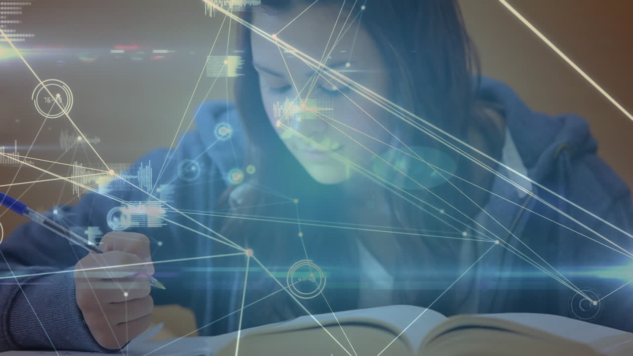 탁자에 앉아 있는 학생들의 애니메이션을 연결망을 통해 배경에서 데이터 처리를 합니다.