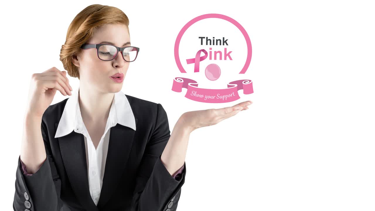 젊은 여성 위에 유방암 텍스트가 있는 분홍색 리본 로고의 애니메이션