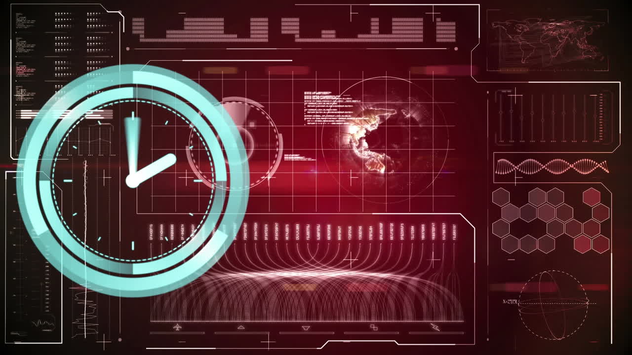 빨간색 배경에 시계와 데이터 처리의 애니메이션