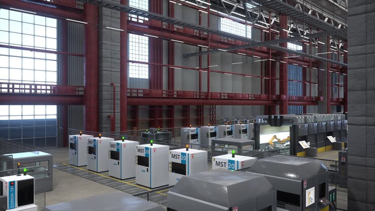 Factory with rows of automated industrial machines, conveyor belts, 3D render
