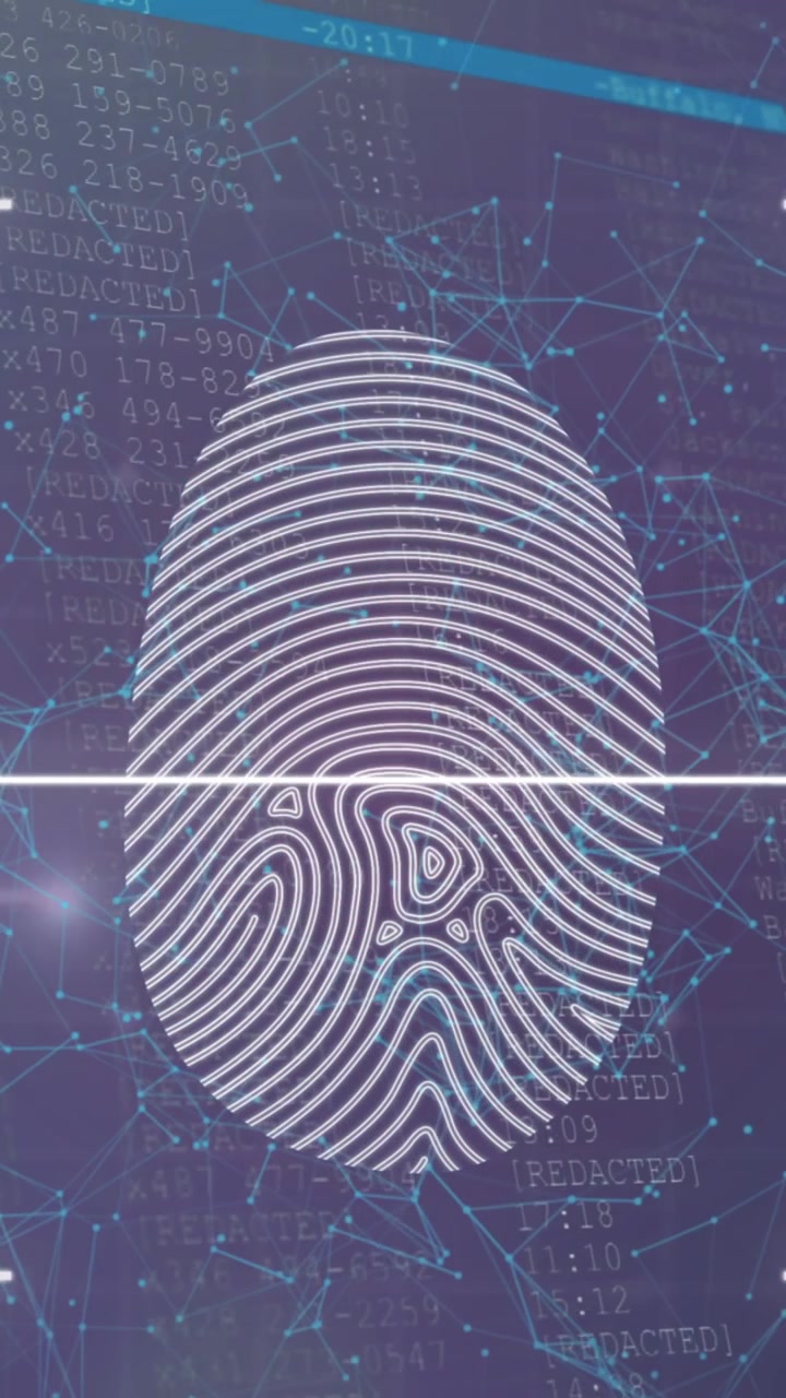 Digital animation of hexagonal shapes and round scanner against data processing on blue background