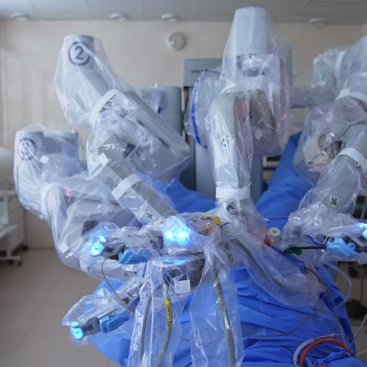High-precise innovative robotic machine operating the patient. Futuristic equipment in modern hospital surgery room
