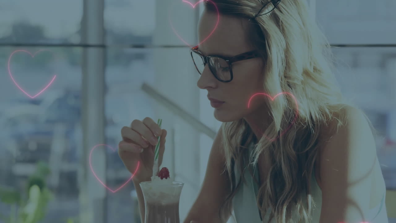 Drinking milkshake, woman with glasses smiling with heart animations overlaid