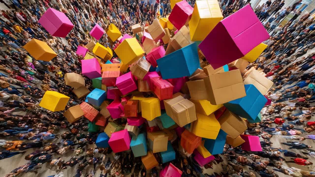 A Vibrant Installation of Colorful Boxes Surrounded by a Diverse Crowd Captivates Viewers, Creating an Engaging Visual Experience of Movement and Excitement in a Public Space