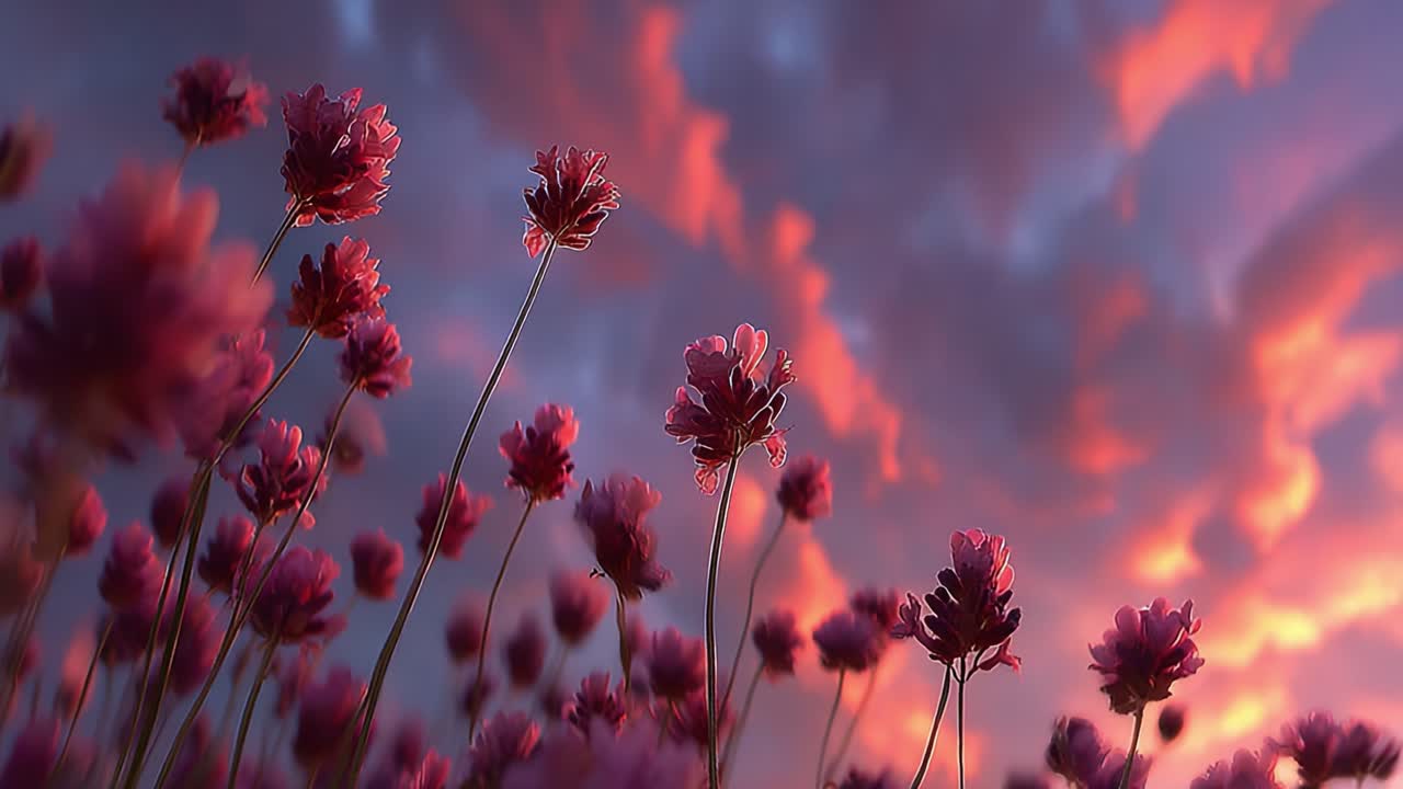 Una vista mozzafiato di fiori di lavanda sotto un cielo drammatico al tramonto, con nuvole suggestive illuminate da calde tonalità di rosa, arancione e viola