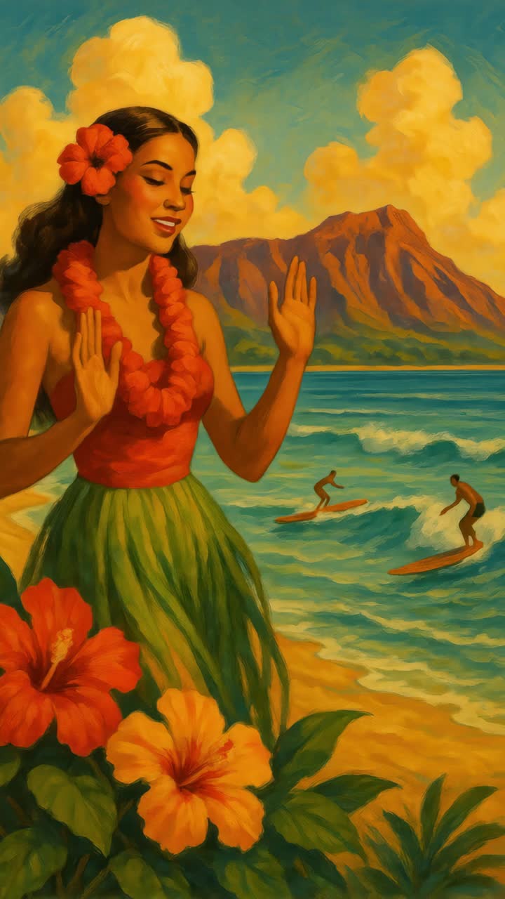 Vibrant video still of a Hawaiian dancer in traditional attire, captured from a frontal angle