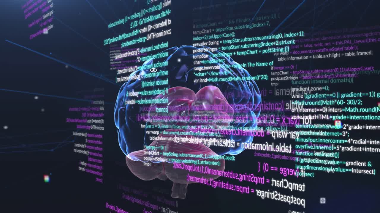 Animation of data processing and brain on black background