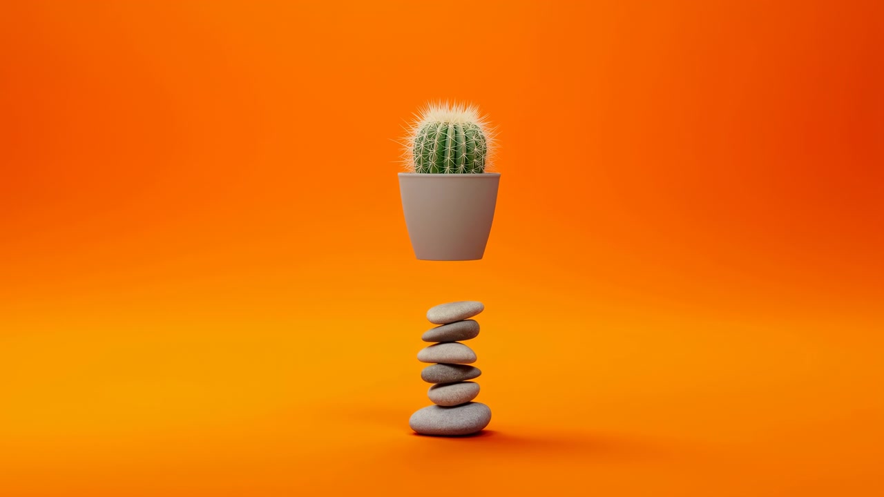 Vaso di cactus in equilibrio su pietre, sfondo arancione vivido, vaso levitante sopra ciottoli impilati, ombra soffusa
