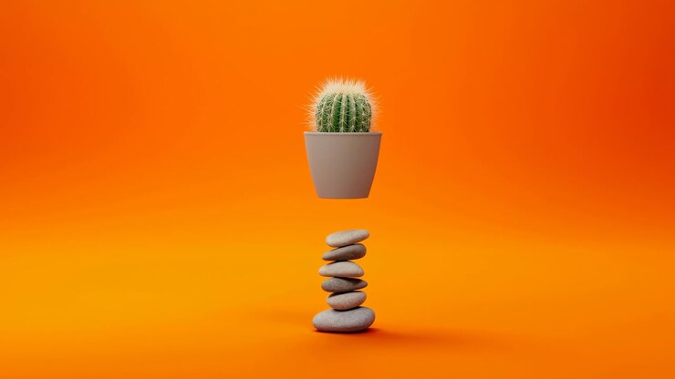 Vaso di cactus in equilibrio su pietre, sfondo arancione vivido, vaso levitante sopra ciottoli impilati, ombra soffusa