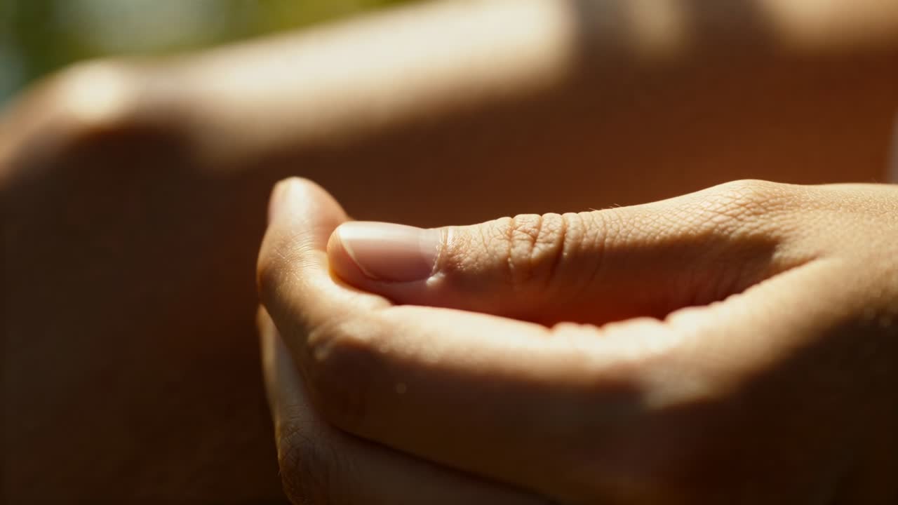 Moving right hand and forearm making small thumb-finger motions outside warm sunlight, short-sleeve