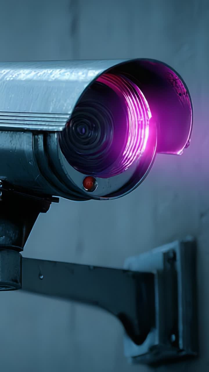 High-Definition Surveillance Camera with Vibrant Purple LED Indicator, Highlighting Security and Monitoring in Modern Environments