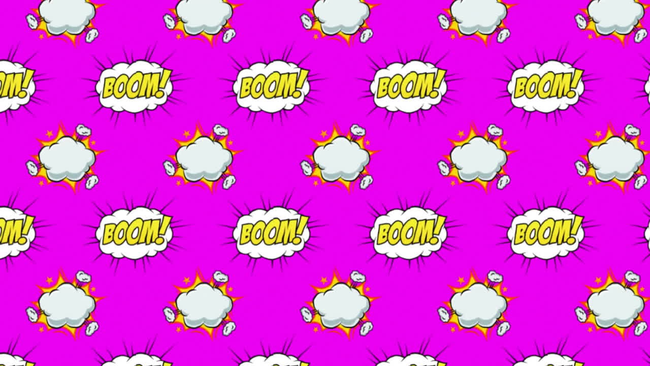 Animation of boom text and cloud speech bubbles on purple background