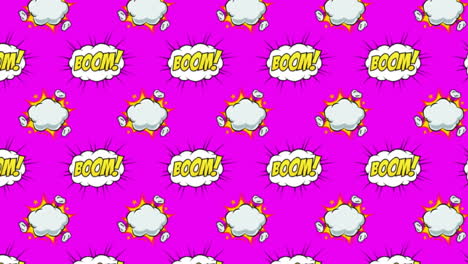 animation of boom text and cloud speech bubbles on purple background