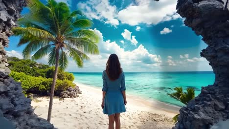 a woman in a blue dress walking on a beach through a hole in a wall