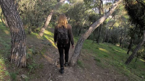 slow motion camera following young woman walking on path among pine trees on lycabettus hill in athens
