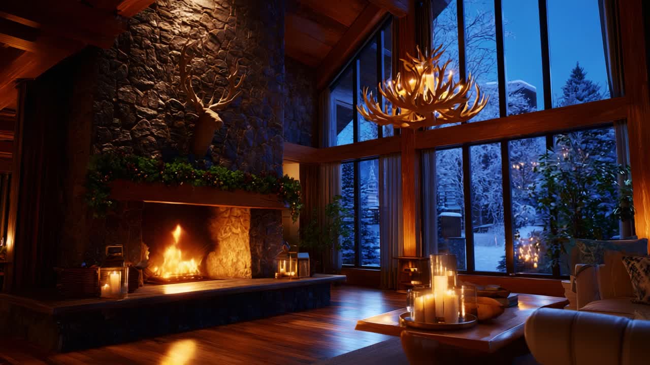 Cozy Winter Cabin Retreat Featuring a Beautiful Stone Fireplace, Warm Glow of Candles, and Stunning Views of Snowy Outdoors, Perfectly Designed with Rustic Elegance for Ultimate Comfort