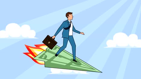 flat cartoon businessman character with case bag flying on dollar paper airplane crash animation with alpha matte