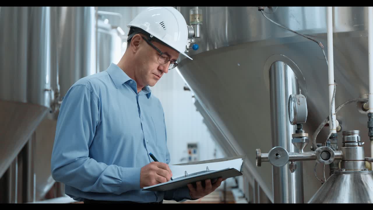 Industrial Worker Inspecting Brewery Equipment