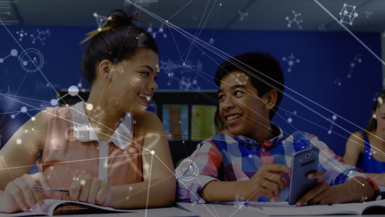 Animation of network of connections over diverse boy and girl using smartphone at school
