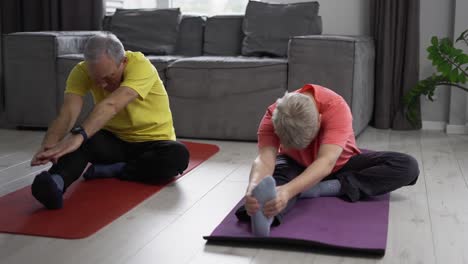 mature couple performing stretching exercise together on the yoga mat at home