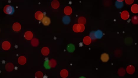 Animation-of-snow-falling-and-christmas-fairy-lights-flickering-over-black-background