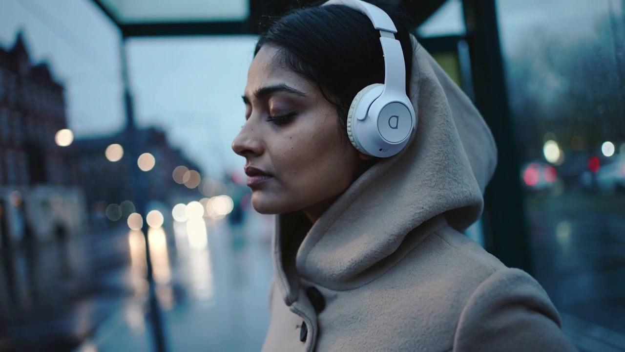 Donna che si sistema le cuffie bianche all'orecchio destro mentre ascolta musica, alla fermata dell'autobus, indossando un cappotto con cappuccio.