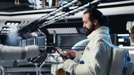 team of astronauts in advanced technology spacecraft