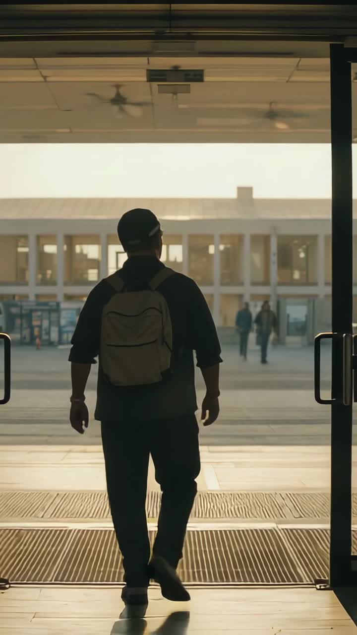 Vertical video: Stepping, man with backward cap entering plaza via glass doors, with light backpack