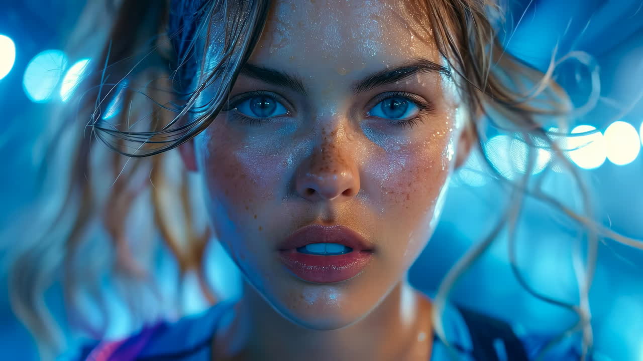 Determined female athlete. A serious young athlete with wet skin stands under bright lights, showcasing hard work and commitment to fitness