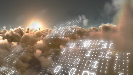 animación de procesamiento de datos de codificación binaria contra nubes y sol brillante en el cielo.