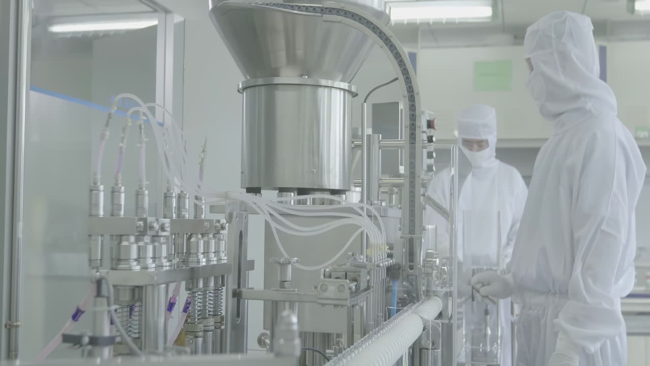 Scientists or medicine workers in protective gear managing production line at a pharmaceutical manufacturing facility in sterile conditions