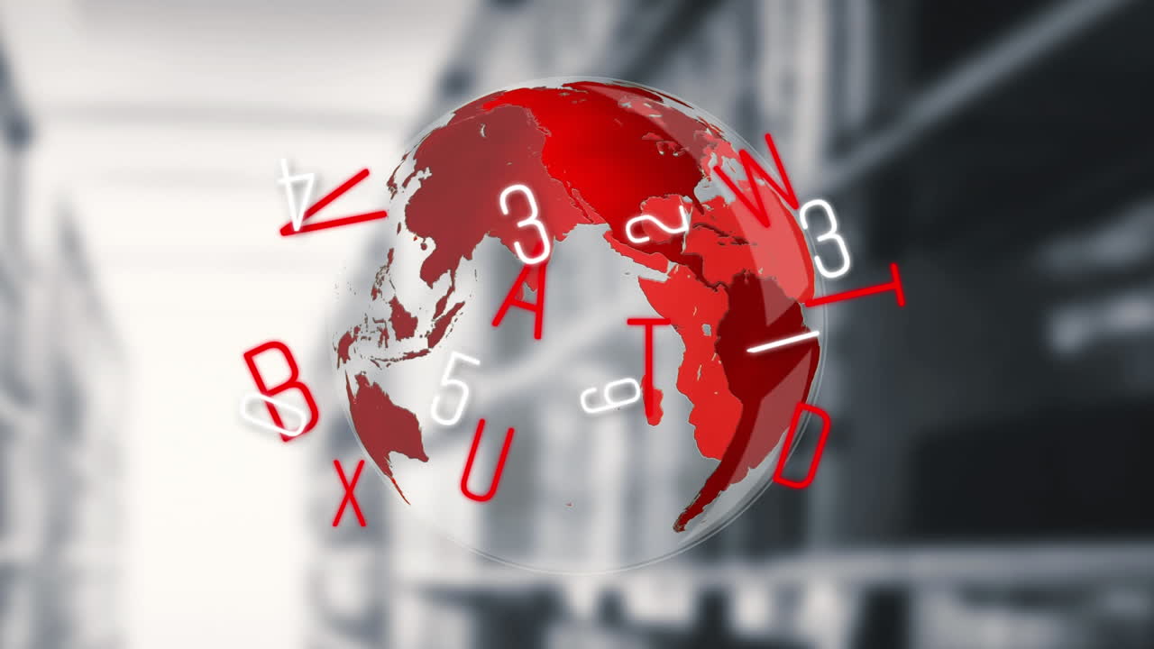 Digital composition of changing numbers over spinning globe against school library