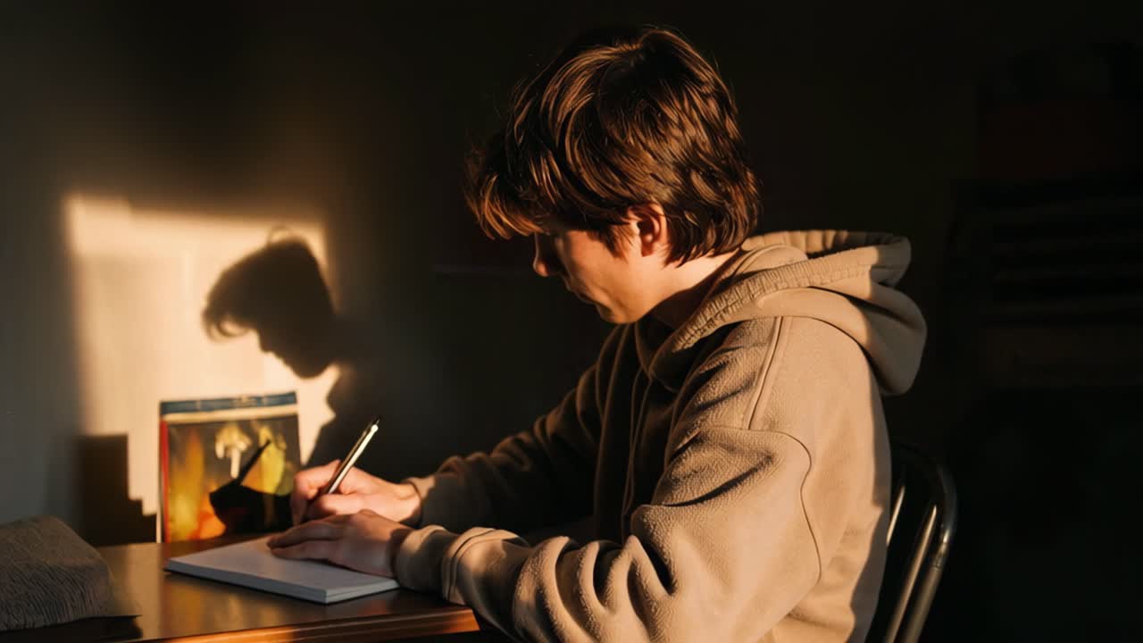 Concentrating on studies, a student writes notes in a notebook while sitting at a desk bathed in warm sunset light, fostering a cozy and focused atmosphere for learning