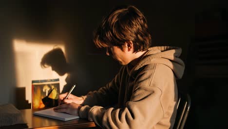 concentrating on studies, a student writes notes in a notebook while sitting at a desk bathed in warm sunset light, fostering a cozy and focused atmosphere for learning