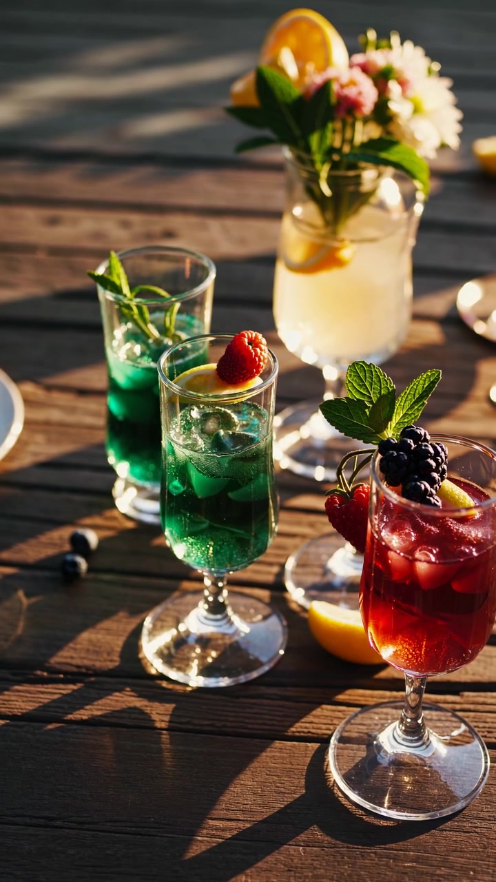 Refreshing Colorful Cocktails and Mocktails on a Sunny Outdoor Wooden Table