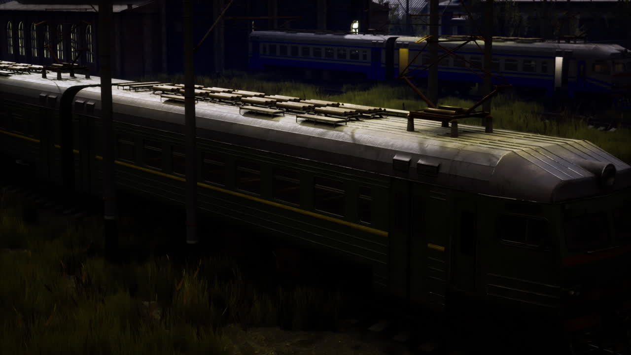 Old train in an abandoned station with overgrown grass during twilight