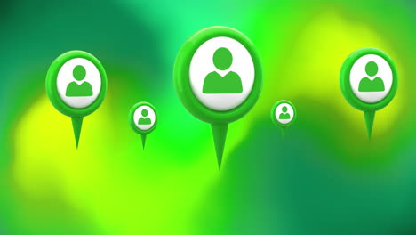 animación de etiquetas con iconos de redes sociales sobre formas en fondo verde