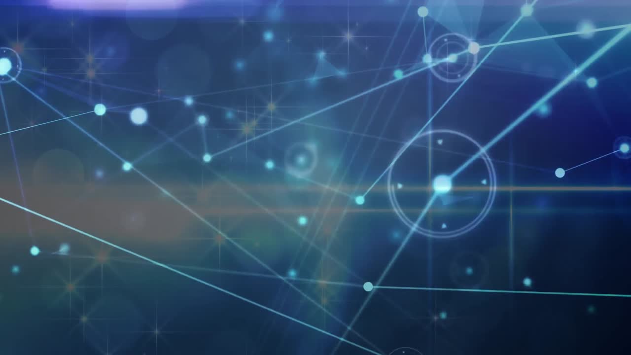 Animation of network of connections over shining stars and light trails on blue background