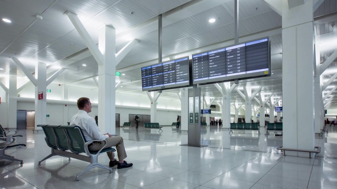 Waiting man in business attire glancing at flight screens as tug passing in concourse, copy space