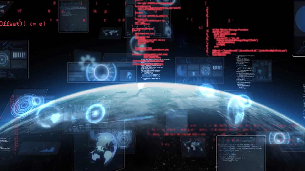 animación del procesamiento de datos y escaneo de ámbitos con globos sobre fondo negro