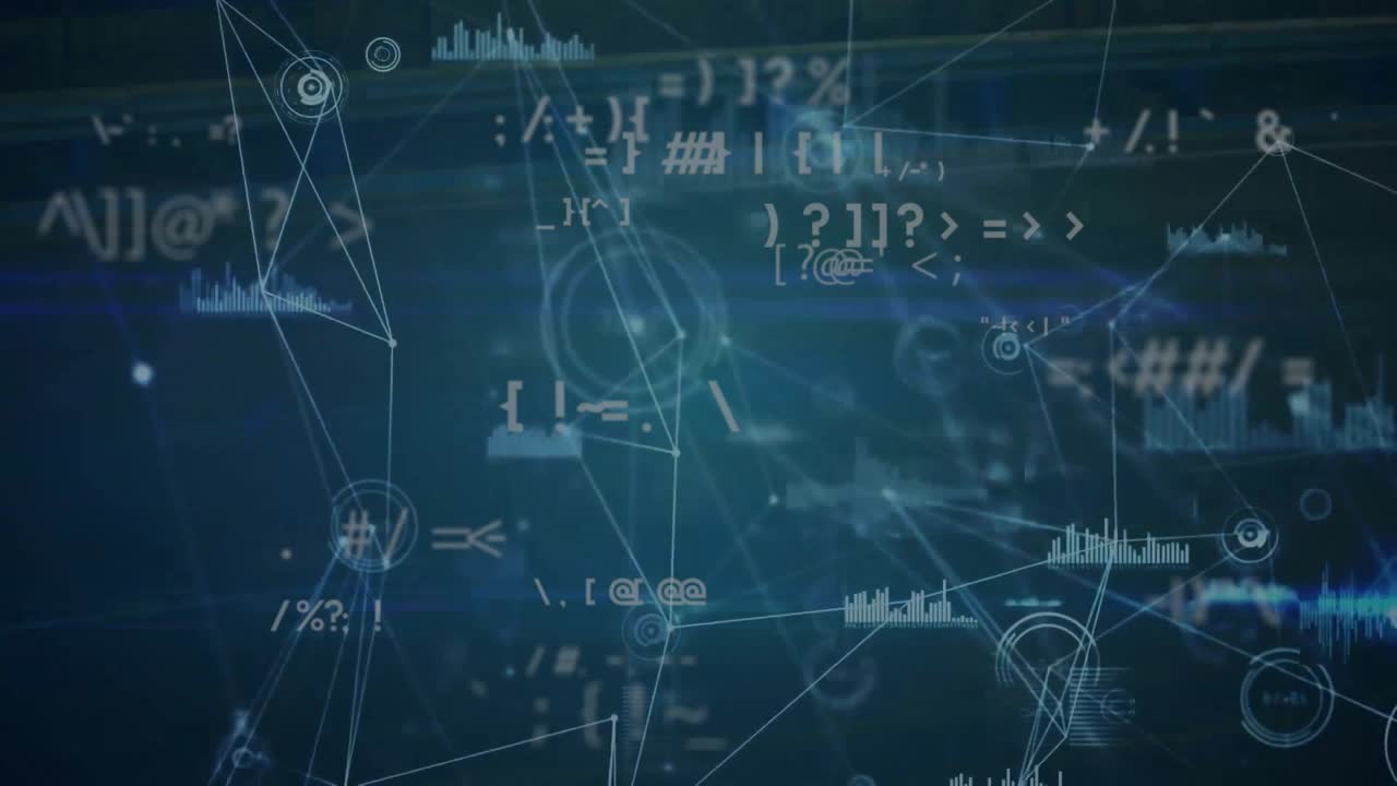 Animation of glitch technique, connected icons, symbols, graph icons, time lapse of moving vehicles