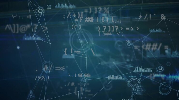 Animation of glitch technique, connected icons, symbols, graph icons, time lapse of moving vehicles