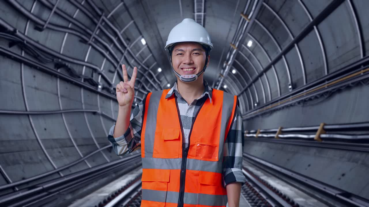 Asian Male Engineer With Safety Helmet Smiling And Showing Peace Gesture While Standing In Underground Subway Tunnel