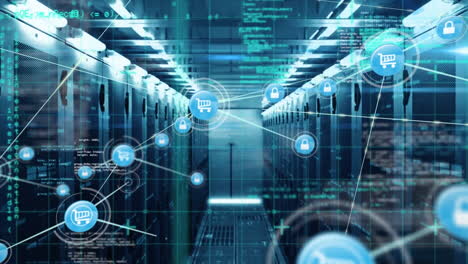 animation of network of connections with icons over computer servers