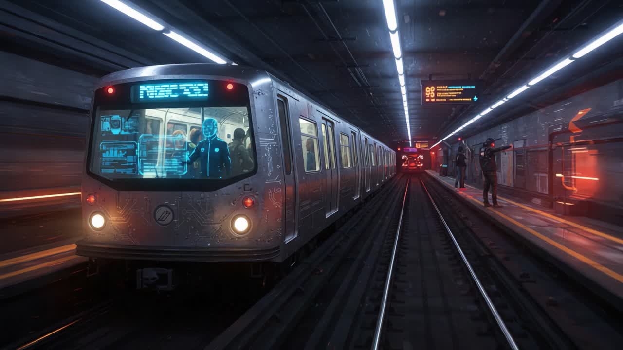 A striking view of a futuristic subway train illuminated in a busy underground station, showcasing dynamic lighting and passengers interacting in a modern transit environment