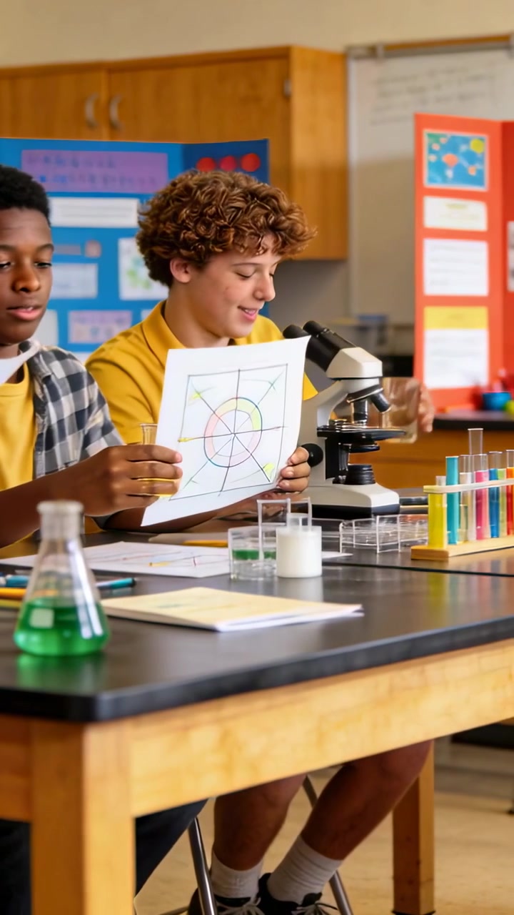 Vertical video: Passing papers causing teens in yellow inspecting sample under microscope for lab